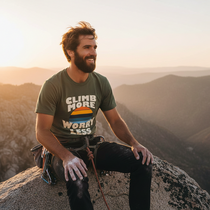 Man sitting on a mountain ledge with a 'Climb More Worry Less' t-shirt, surrounded by a scenic landscape.