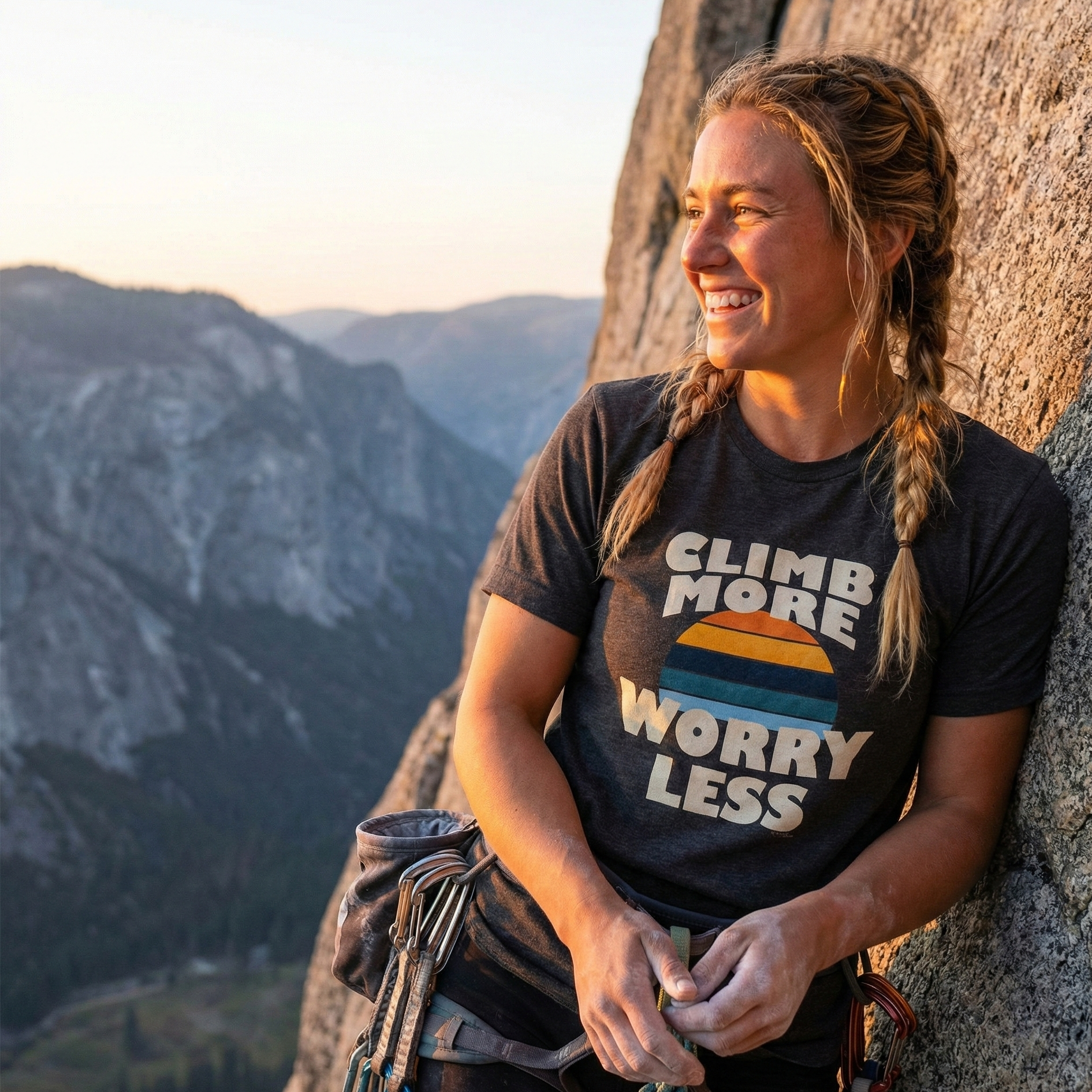 Person wearing a 'Climb More Worry Less' t-shirt on a mountain