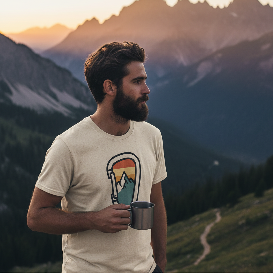 Man holding a mug with mountains in the background